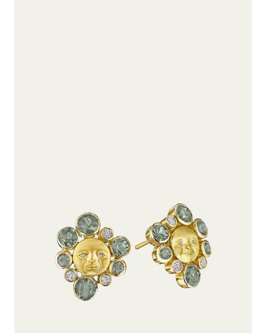 Anthony Lent Metallic Lunar Galaxy Button Earrings With Green Sapphires And Diamonds In 18k Gold