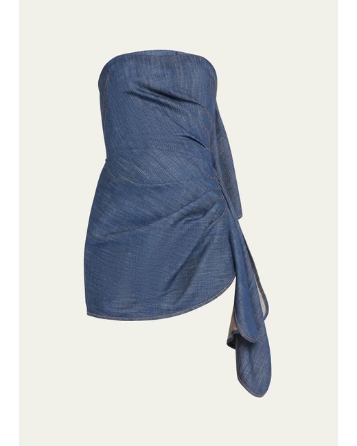 LAQUAN SMITH Blue Strapless Denim Mini Dress With Ruffle Detail