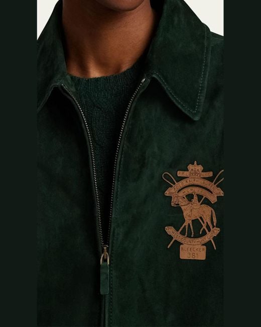 Ralph Lauren Green Jessa Equestrian-Printed Suede Coat