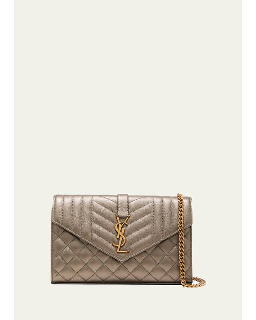 Saint Laurent Natural Envelope Triquilt Ysl Wallet On Chain In Grained Leather