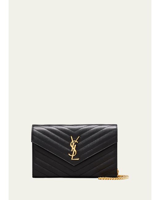 Saint Laurent Black Ysl Monogram Large Wallet On Chain In Grained Leather