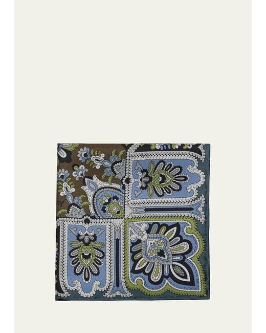 Brioni Blue Silk Floral-paisley Pocket Square for men