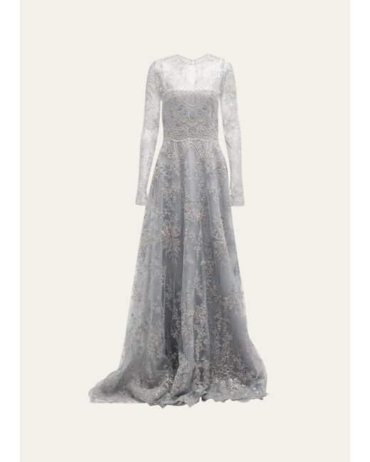 Naeem Khan Gray Tattoo Lace Gown With Sheer Overlay