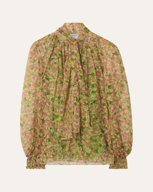 Burberry Green Lila Floral Silk Scarf-Tie Blouse