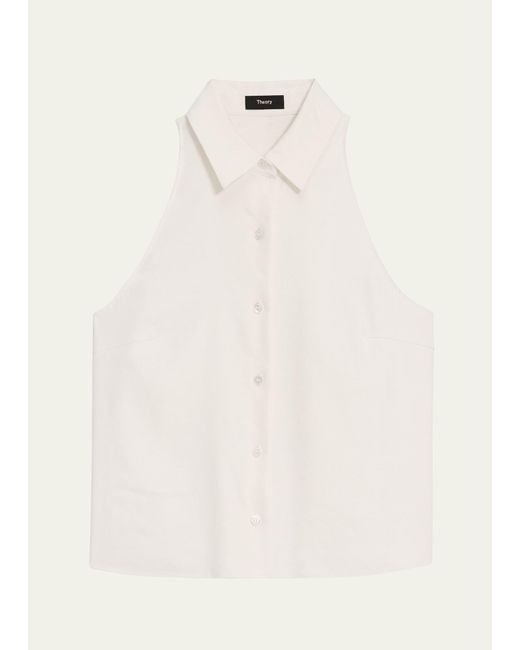 Theory Natural Sleeveless Linen-blend Button-front Halter Shirt