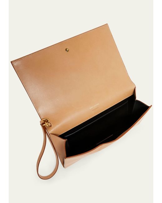 Saint Laurent Natural Ysl Flap Clutch Bag In Leather