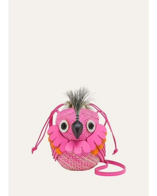 Loewe Pink X Paula's Ibiza Bird Bag In Iraca Palm With Leather Strap