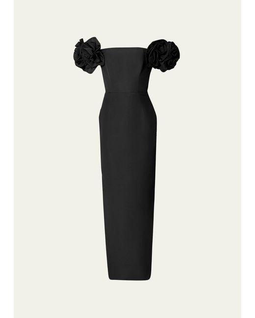 Carolina Herrera Black Off Shoulder Column Gown With Flower Detail