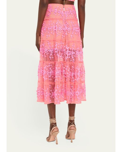 Bronx and Banco Pink Megan Tiered Floral Applique Lace Midi Skirt
