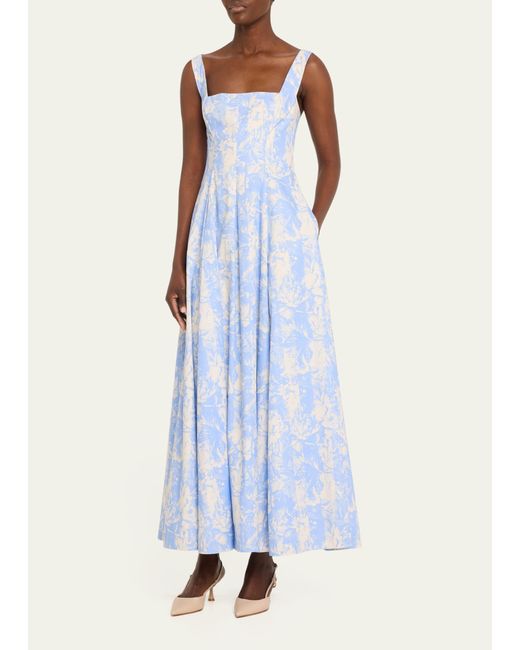 Lela Rose Blue Square-neck Striped Flower-print Sleeveless Maxi Dress