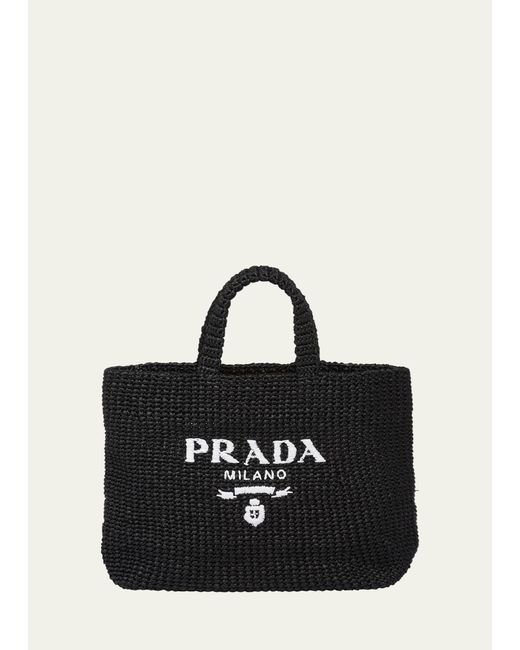 Prada Black Logo Striped Raffia Shoulder Bag