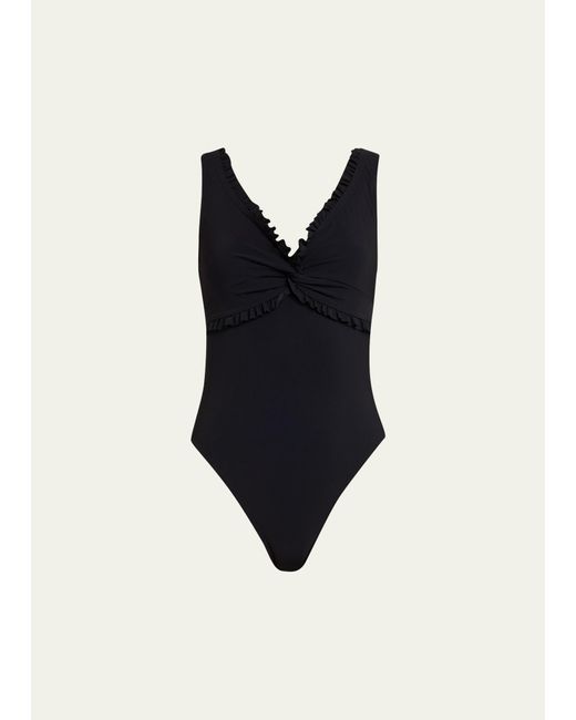 Karla Colletto Black Ruffle Twist V-neck Silent Underwire One-piece Swimsuit