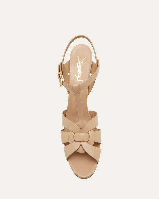 Saint Laurent Natural Tribute Leather T-Strap Platform Sandals