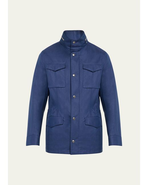 Brunello Cucinelli Blue Linen-silk Concealed Zip Safari Jacket for men