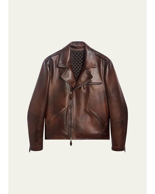 Berluti Brown Leather Moto Jacket for men