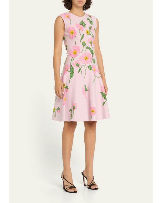Oscar de la Renta Pink Painted Poppies Jacquard Sleeveless A-line Dress