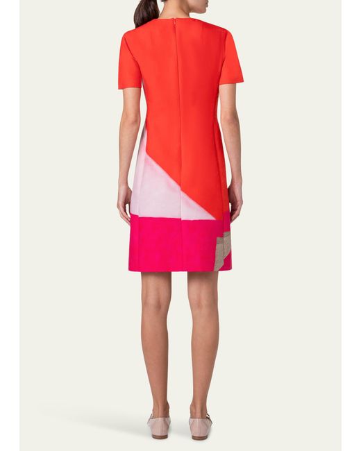 Akris Pink Spectra-print Short-sleeve Cotton Silk Double-face Sheath Dress