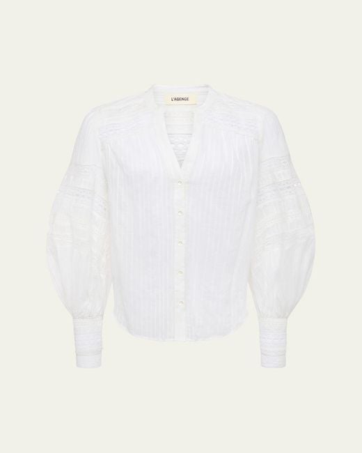 L'Agence White Kiera Semi-Sheer Geometric-Trim Blouse