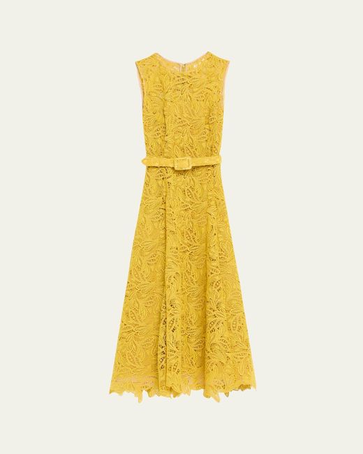 Oscar de la Renta Yellow Sleeveless Feather Scroll Guipure Midi Day Dress With Belt