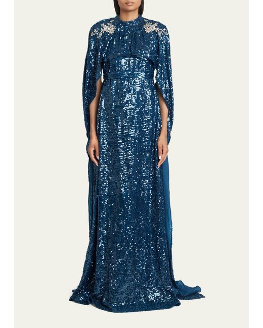 Erdem Blue Sequined Belted Cape-effect Gown