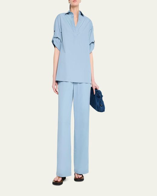 Lafayette 148 New York Blue Riverside Wide-Leg Organic Cotton Poplin Pants