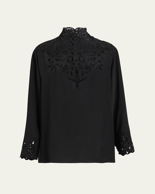 Etro Black Botanical Guipure High Neck Blouse
