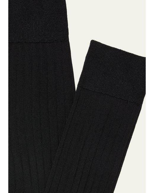 Pantherella Black Asberley Ribbed Silk Crew Socks for men