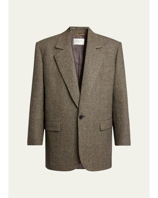 Saint Laurent Brown Herringbone Wool Single-Breasted Jacket