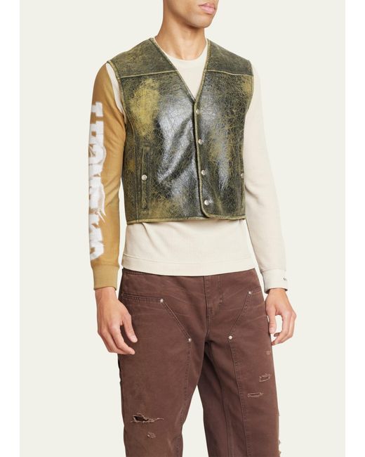 Givenchy Green Distressed Leather Snap Vest for men