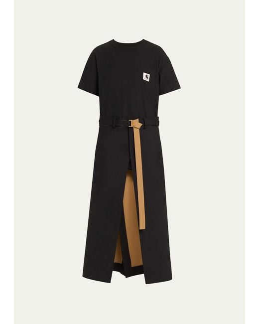 Sacai Black X Carhartt T-shirt Top Belted Dress With Front Slit