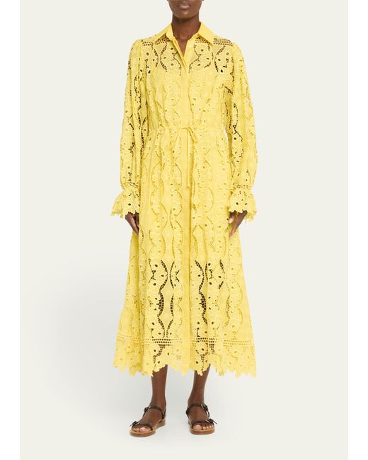 Evi Grintela Yellow Judy Blouson-sleeve Floral Lace Midi Shirtdress