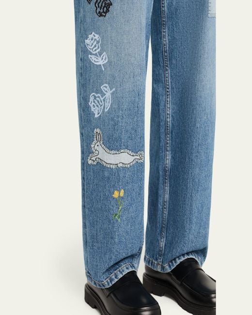Marni Blue Embroidered Straight-Leg Denim Trousers
