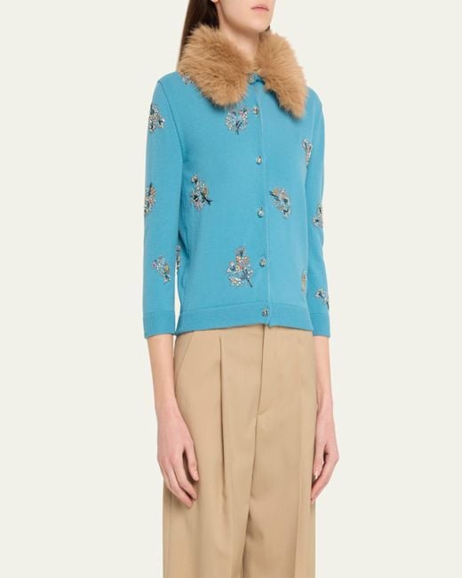 Valentino Garavani Blue Floral Crystal Wool Faux Fur Trimmed Cardigan