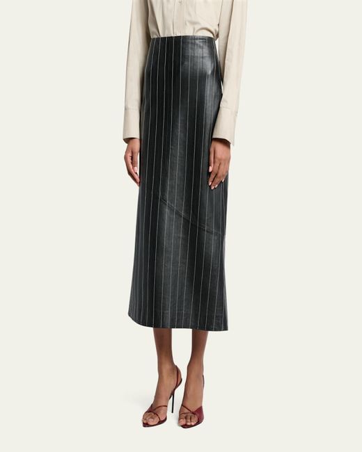Victoria Beckham Black Pinstripe Kick Midi Leather Skirt