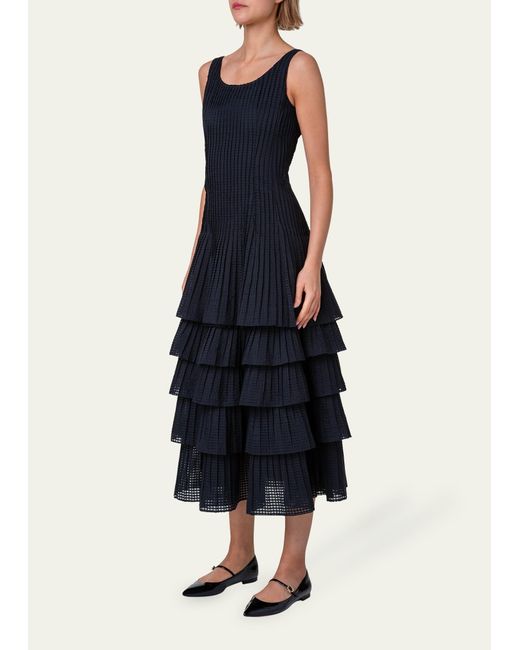 Akris Blue Organza Grid Midi Dress With Plisse Layer Skirt
