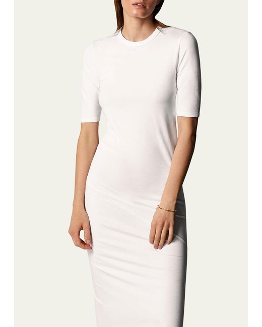 Another Tomorrow White Fitted Midi Dress W/ Elbow Sleeves