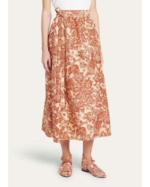 Loro Piana White Leah Woodblock Botanic Print Self-tie Midi Skirt