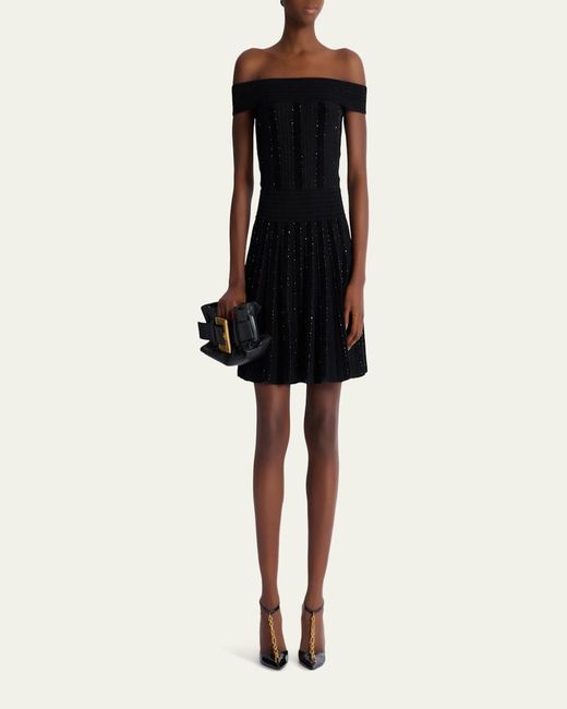 Balmain Black Off-The-Shoulder Metallic Velvet Pleated Knit Mini Dress