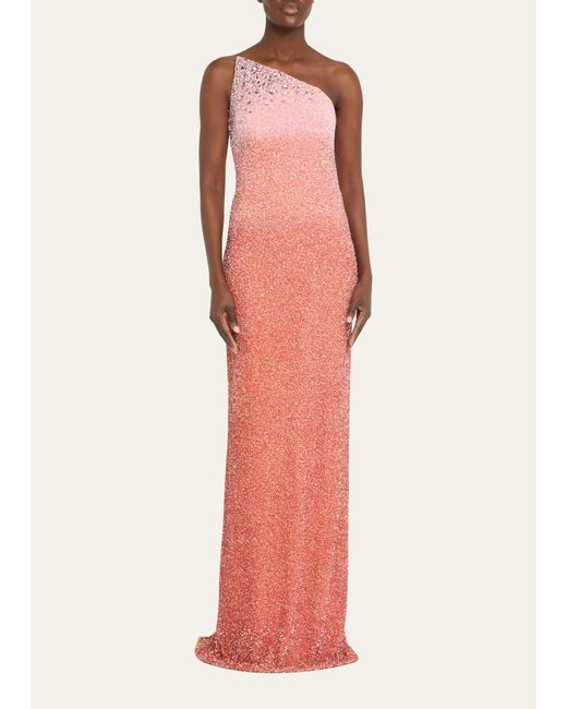 Pamella Roland Pink Strapless Ombre Sequin Gown With Oversized Crystals
