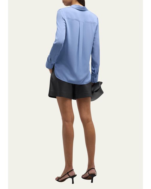 Vince Blue Slim-fitted Stretch Silk Button-front Blouse