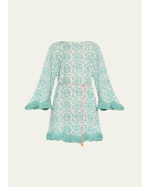 Hannah Artwear Blue Sienna Fringed Block-print Linen Mini Dress