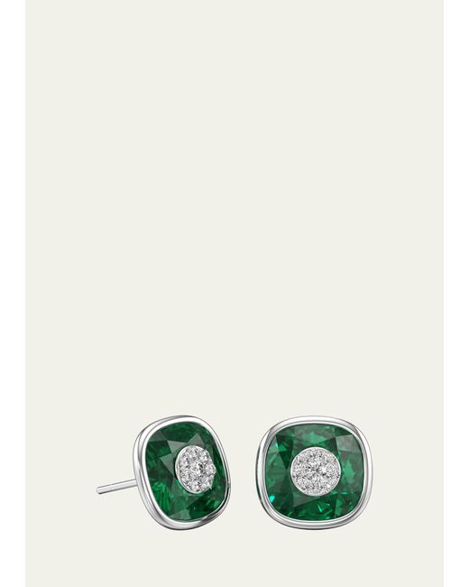 Bhansali Green One Collection 10mm Cushion Earrings With White Gold Bezel
