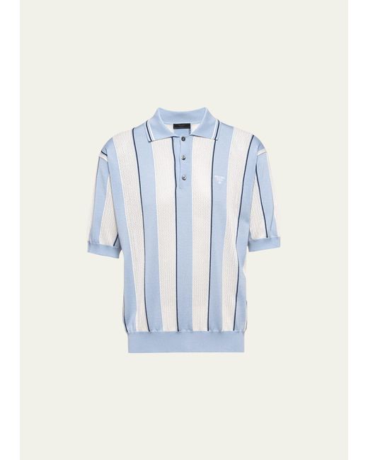 Prada Blue Striped Knitted Polo Shirt for men