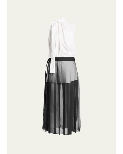 Sacai White Tie-neck Blouse Midi Dress With Sheer Skirt Overlay