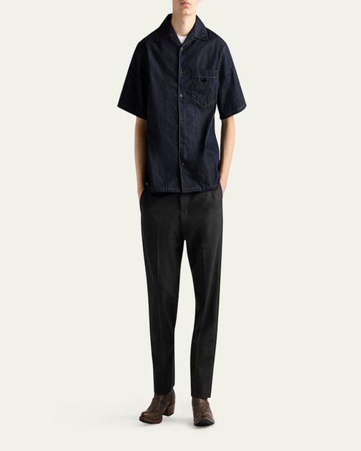 Prada Blue Raw Denim Pocket Short-Sleeve Shirt for men