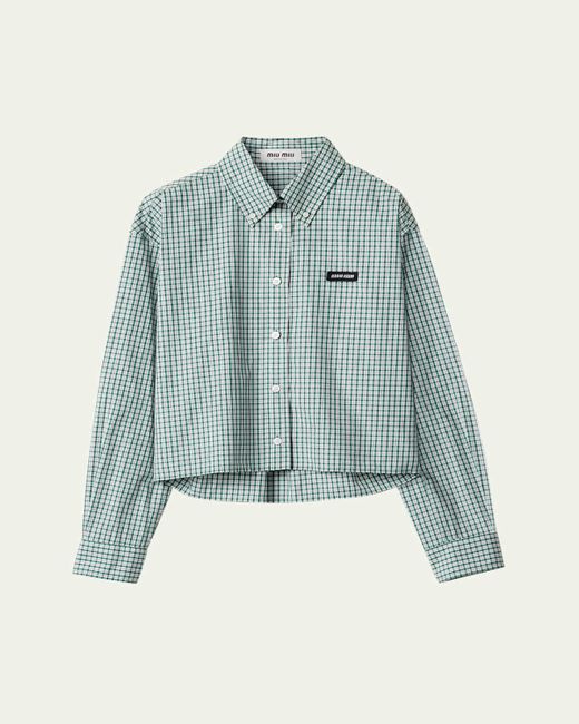 Miu Miu Blue Check Cropped Button-Front Shirt