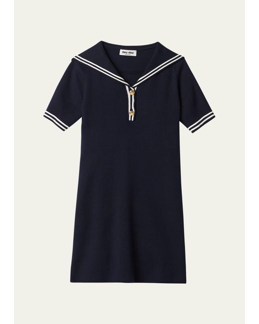 Miu Miu Blue Sailor Collar Cotton Short-sleeve Mini Dress