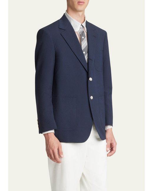 Thom Browne Blue Seersucker Patch-pocket Sport Coat for men