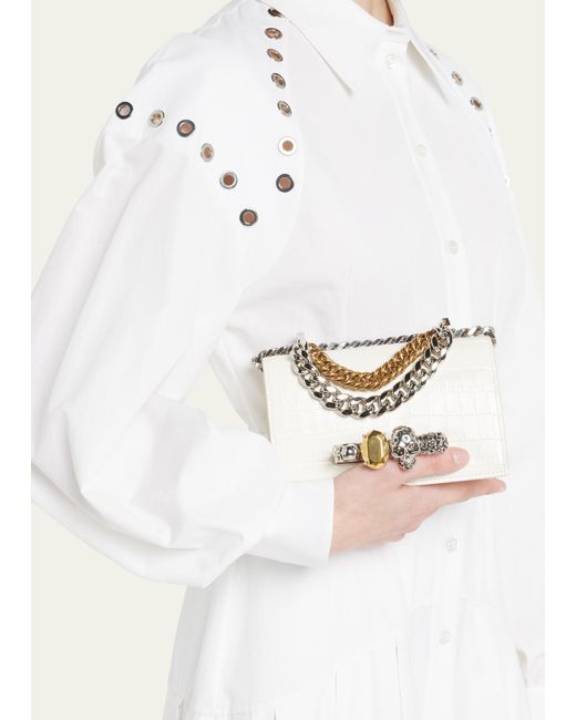 Alexander McQueen White Mini Skull Jewel Croc-embossed Crossbody Bag