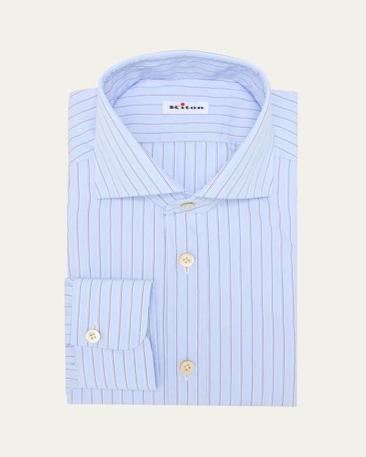 Kiton Blue Wide Striped Cotton Dress Shirt for men